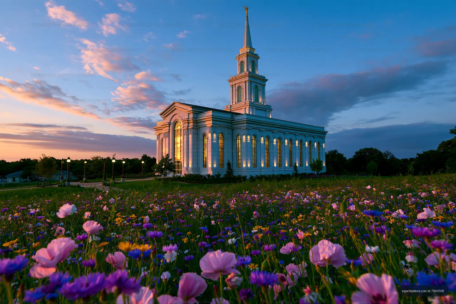 Illuminated church overlooking a wildflower field at dusk