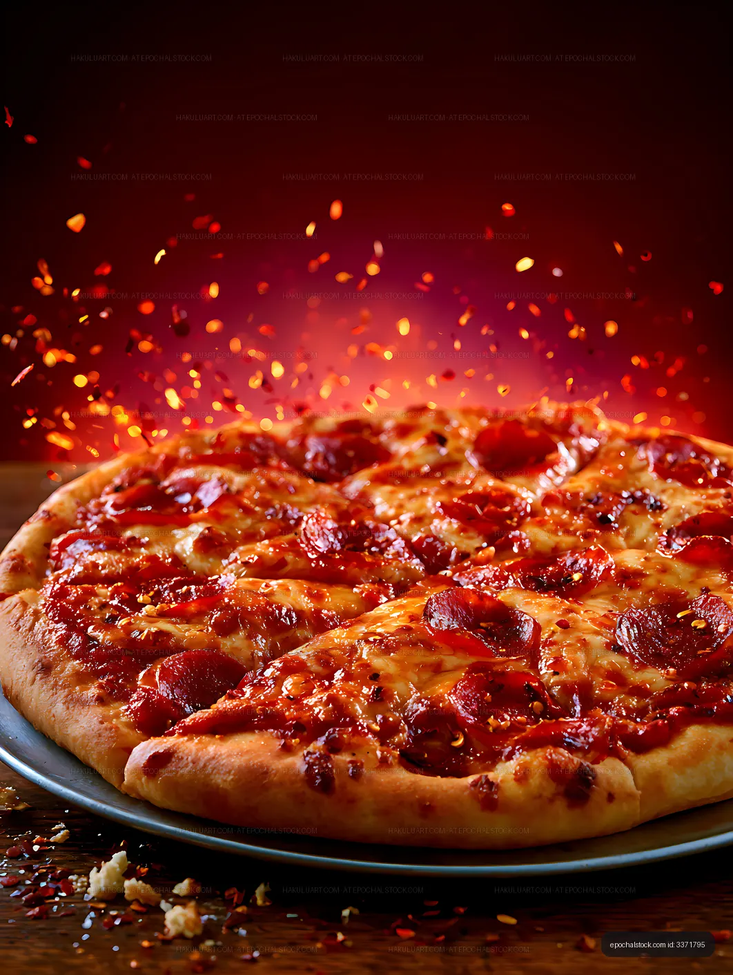 Pepperoni pizza topped with cheese and chili flakes