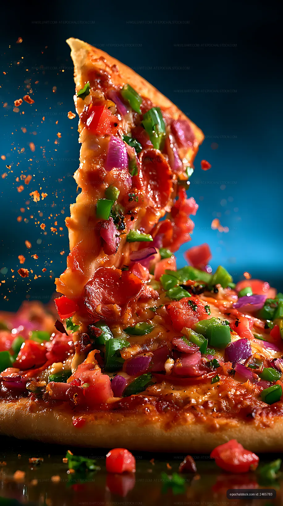 Vegetable pizza slice with colorful toppings and motion