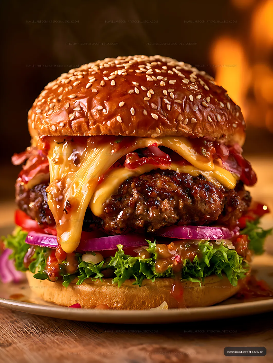 Gourmet cheeseburger with melted cheese and vegetables