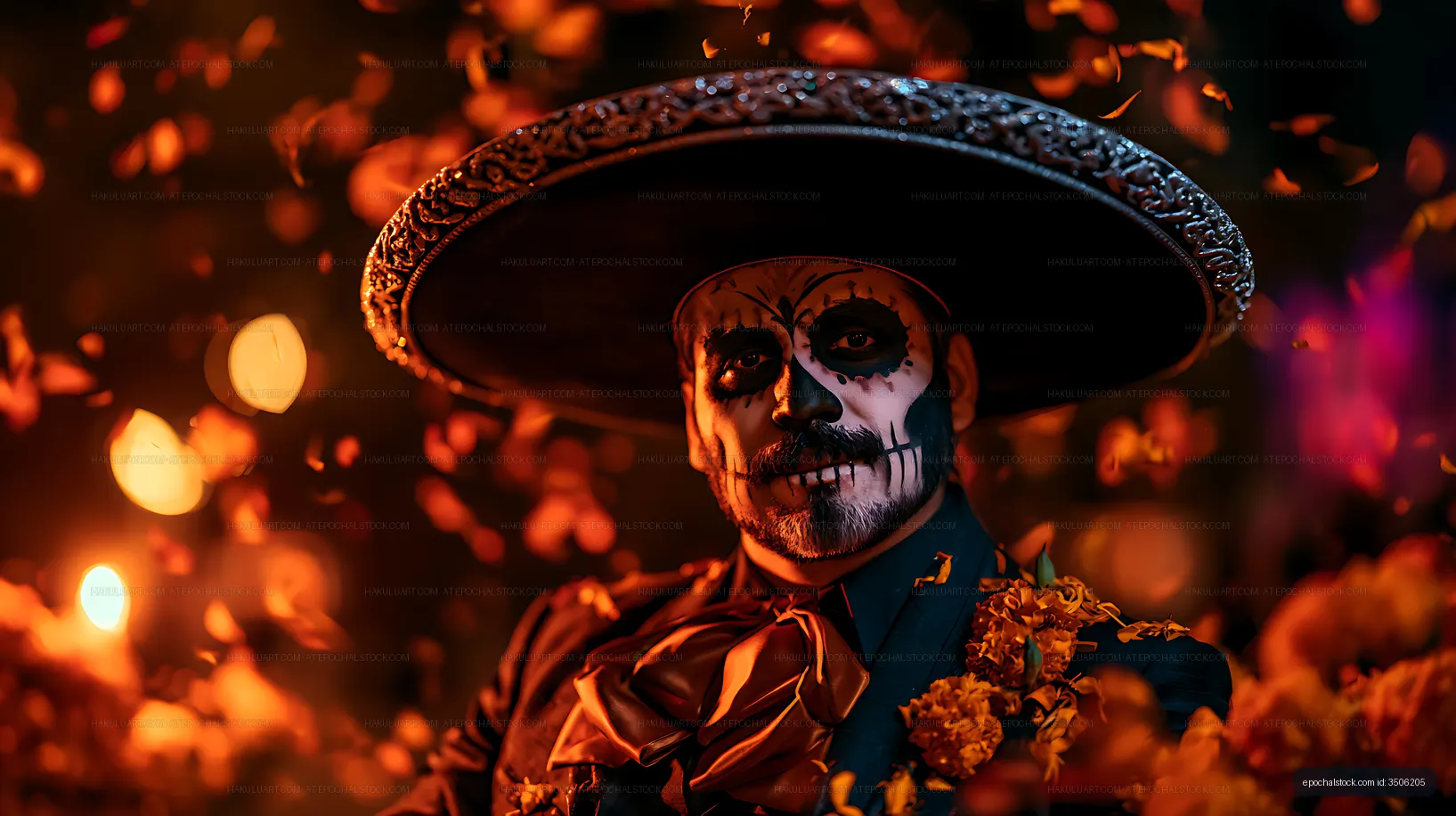 Man with skull face paint and sombrero surrounded by warm bokeh