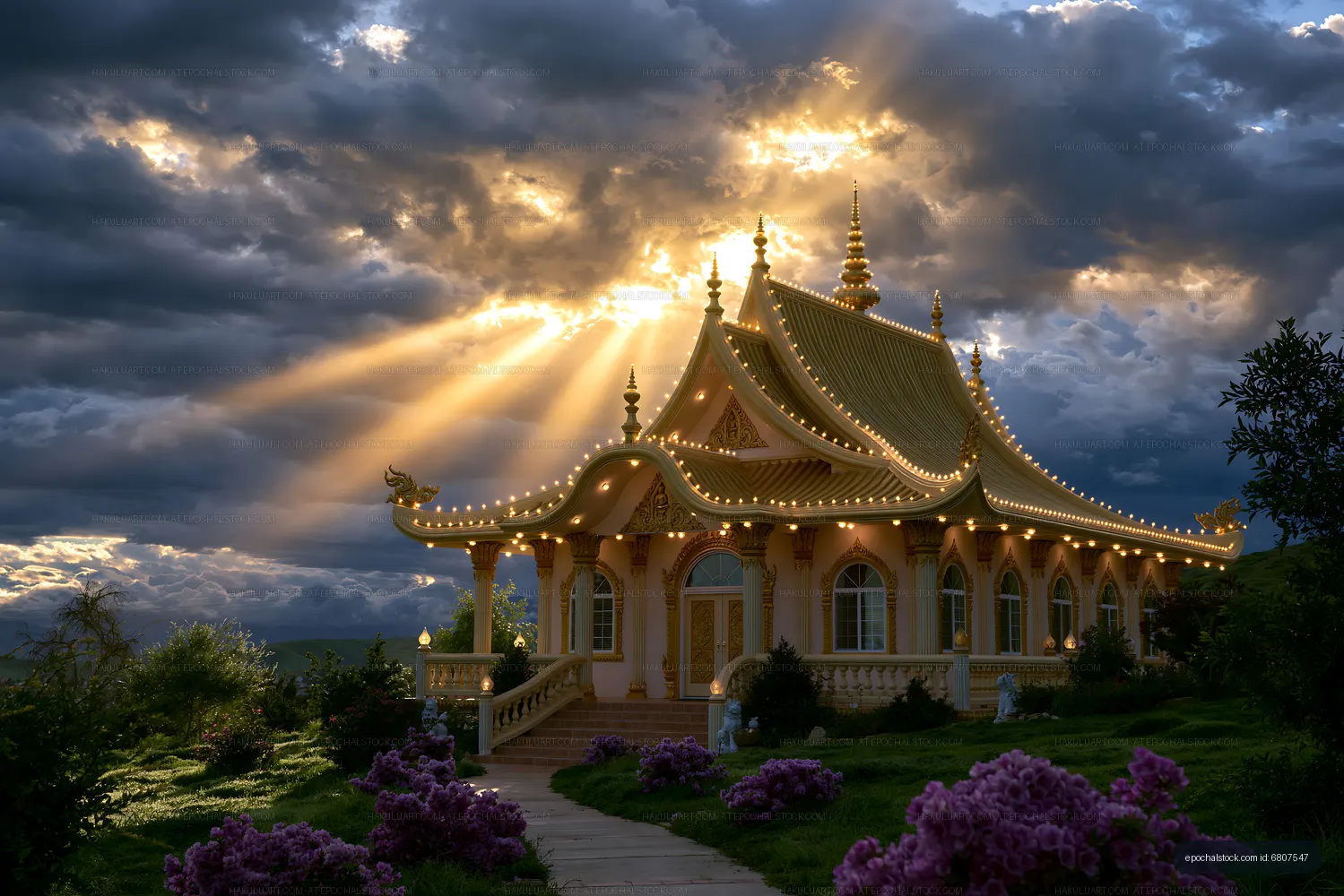 Ornate temple glowing beneath stormy sunset sky