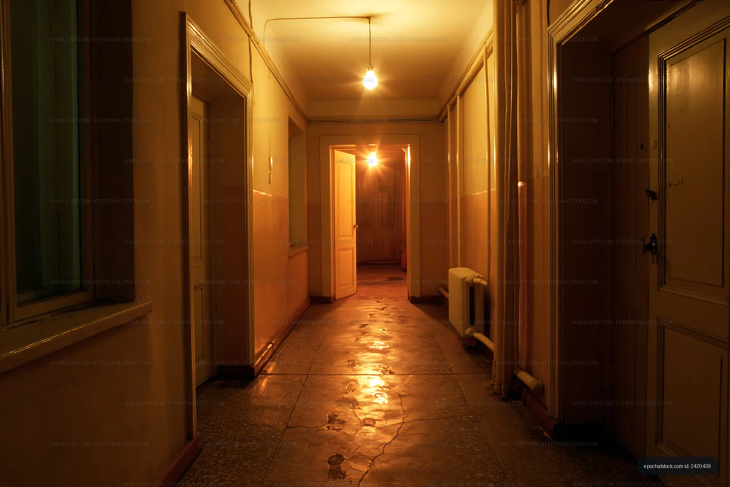 Atmospheric old interior hallway with open doorway