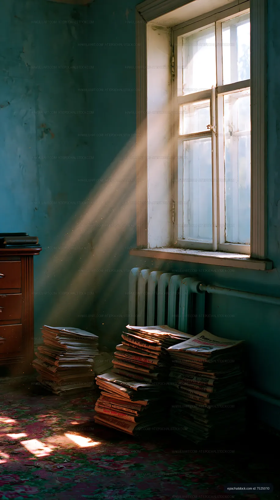 Newspaper stacks illuminated beside a vintage window