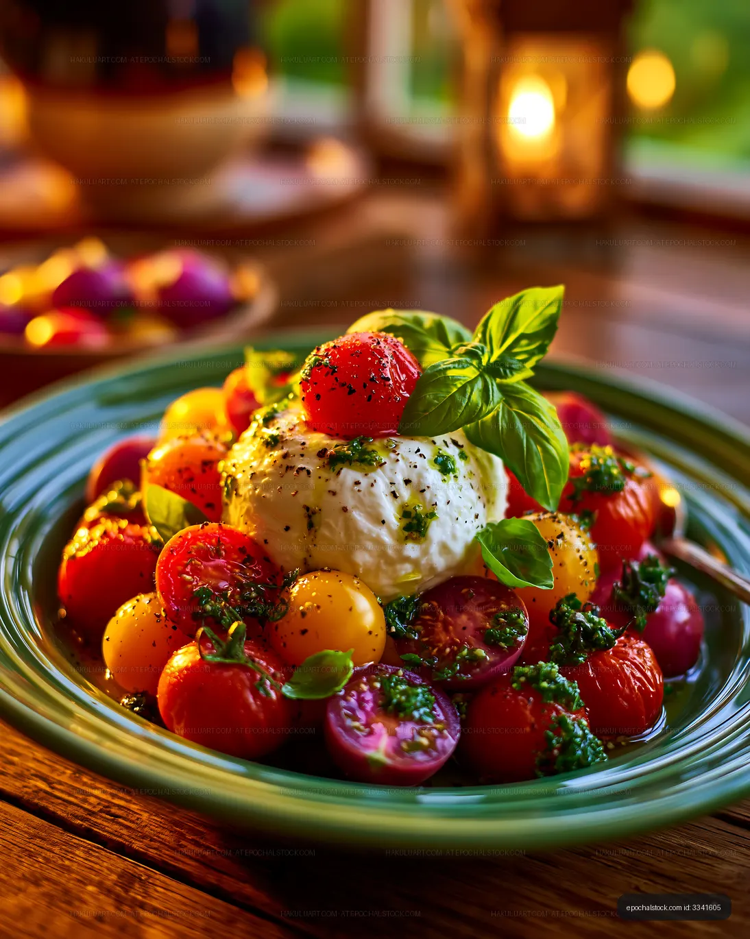 Colorful tomato and burrata appetizer with basil