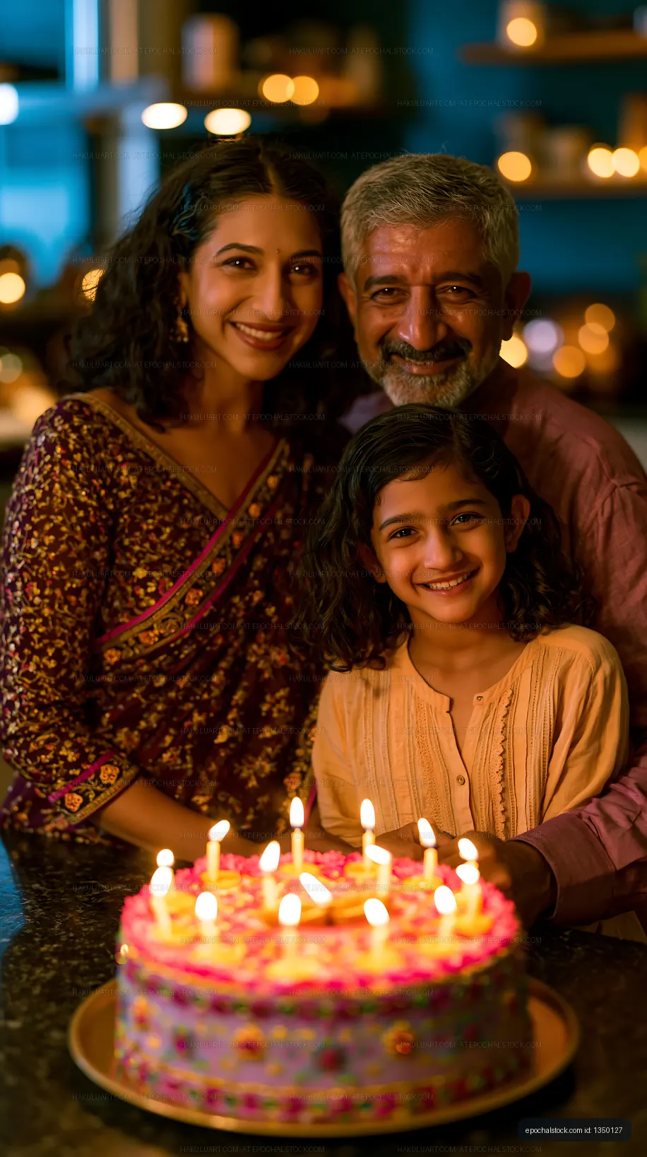 Family birthday celebration with glowing candles