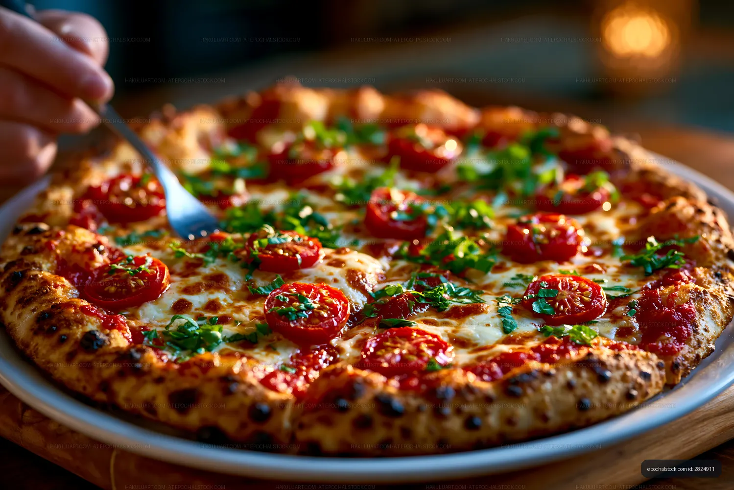 Tomato and herb pizza served on a plate