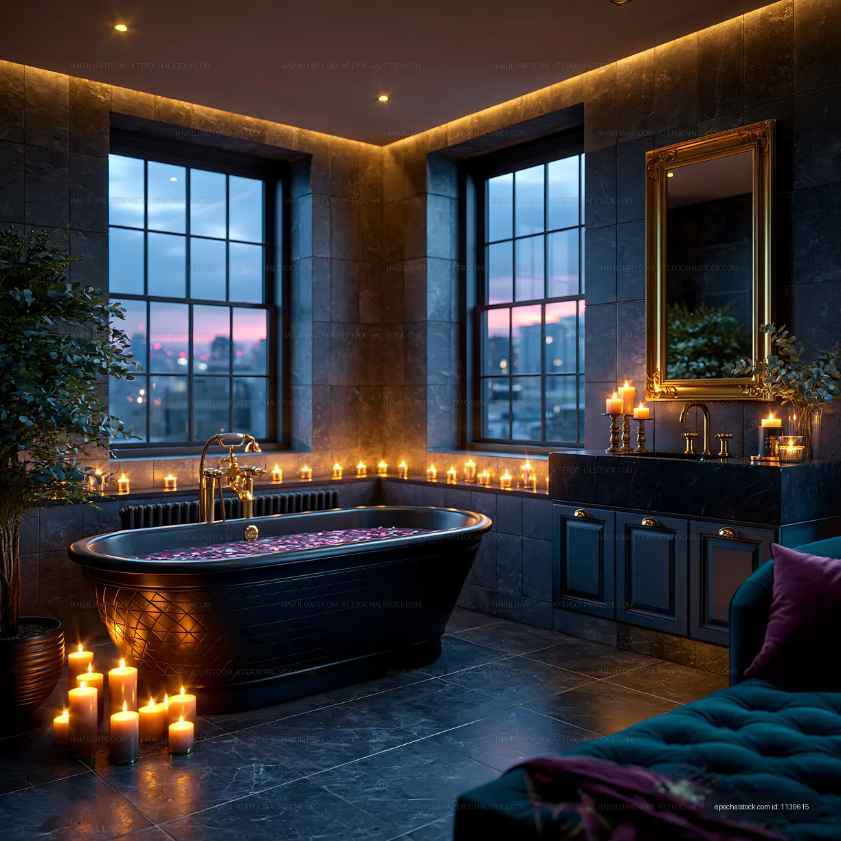 Elegant bathroom with candles and freestanding tub