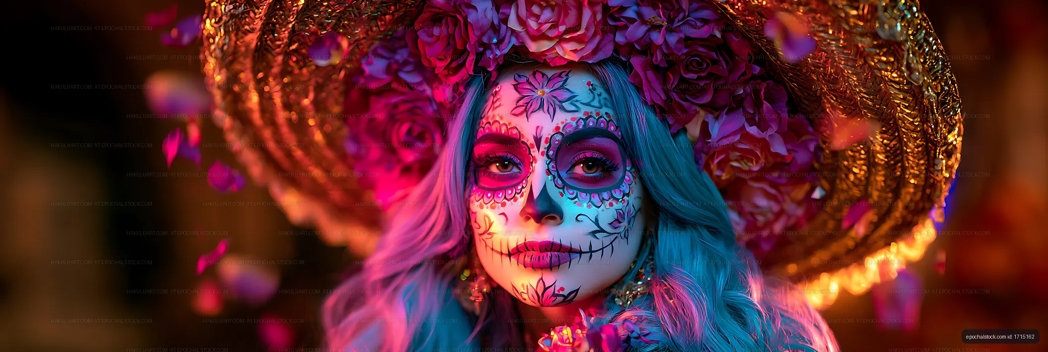 Vibrant sugar skull makeup portrait with floral crown