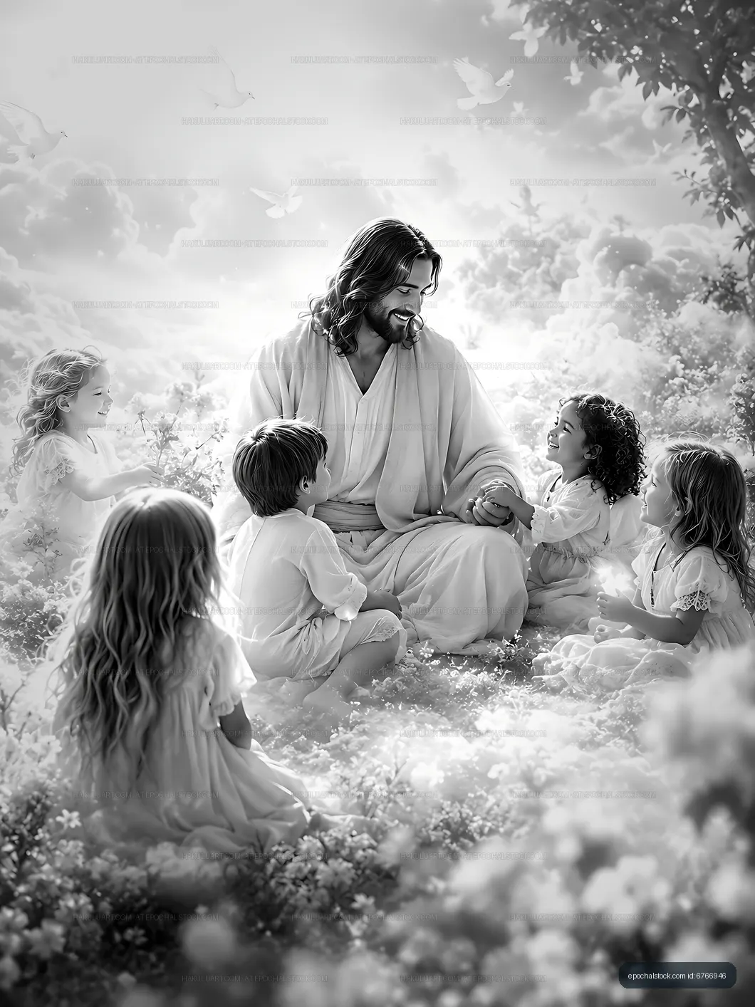 Jesus surrounded by children in a cloud-filled setting