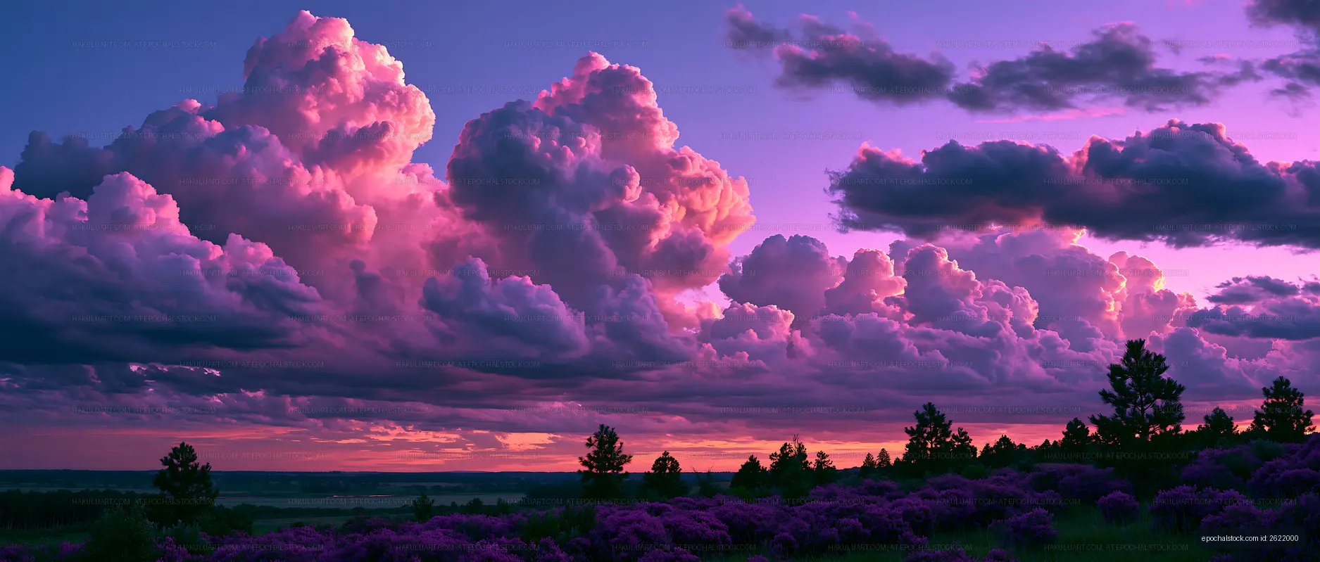 Panoramic sunset landscape beneath pink and purple storm clouds