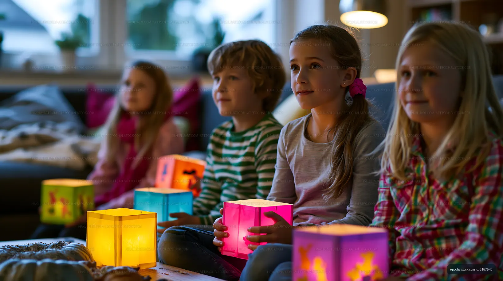 Children gathered indoors with glowing colorful lanterns
