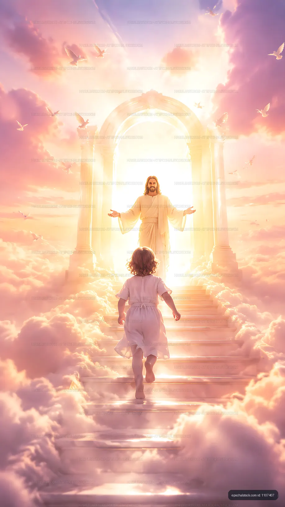 Child running towards a figure in white robes in bright clouds