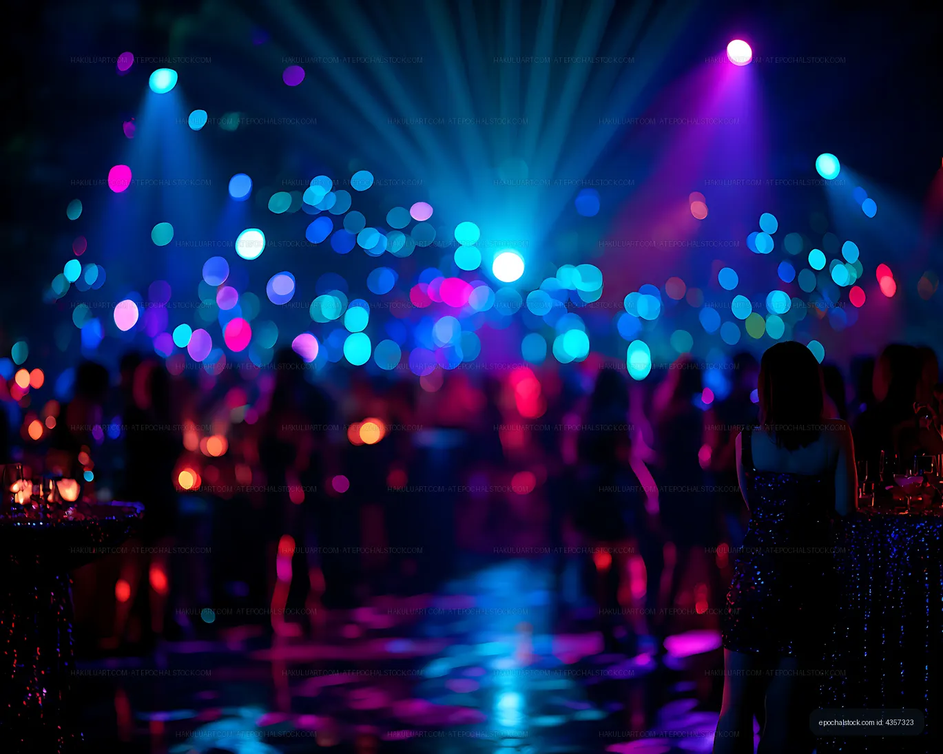 Neon-lit nightclub dance floor with crowd silhouettes