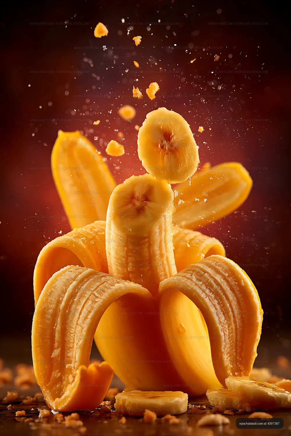 Banana food still life with suspended fruit pieces