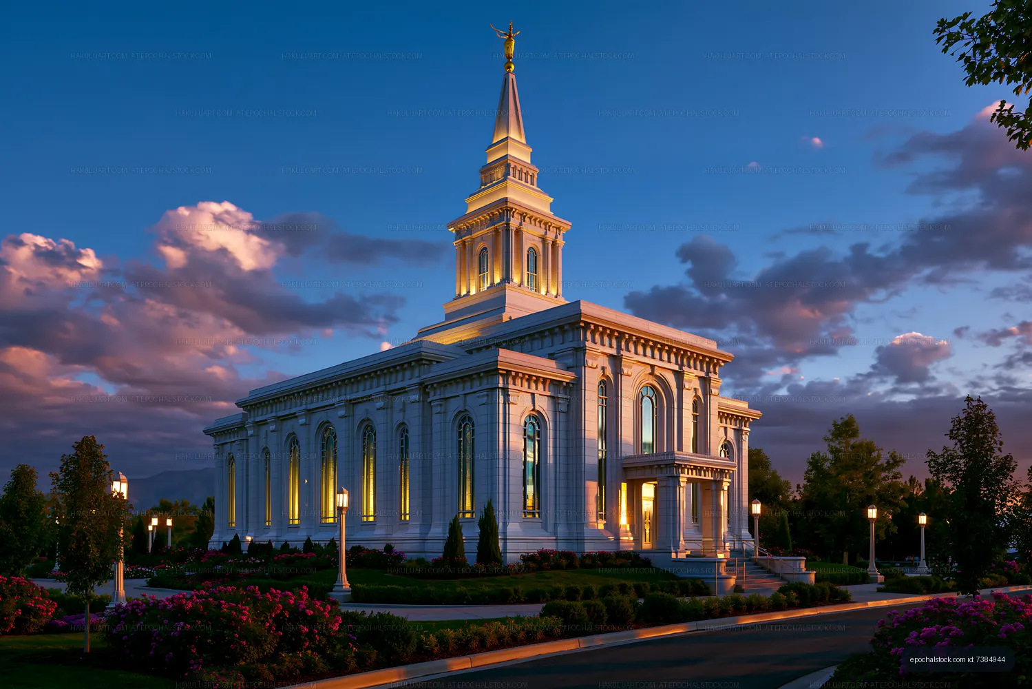 Neoclassical temple and gardens at evening twilight