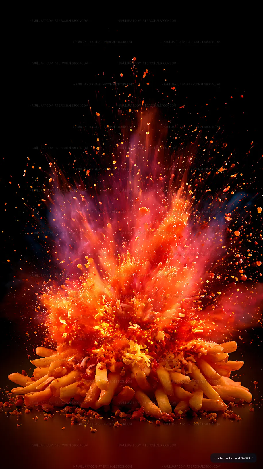 Fiery French fries bursting into colorful particles