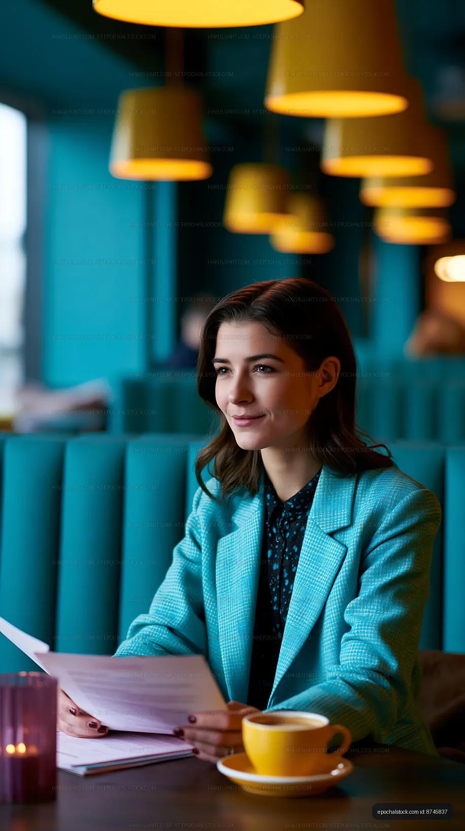 Professional woman holding documents in a cafe