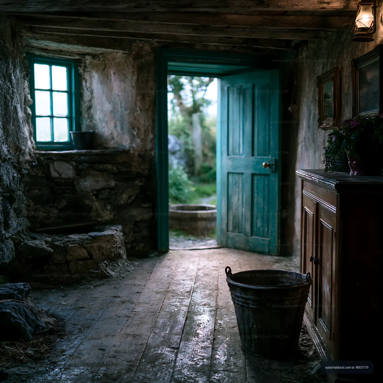 Old stone cottage interior with open teal door