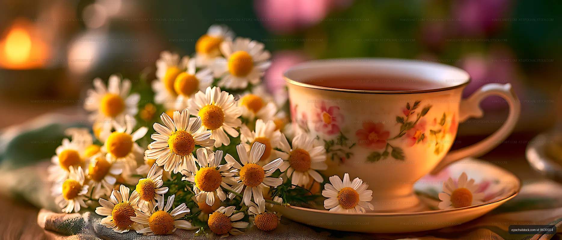 Chamomile flowers beside a floral teacup and saucer