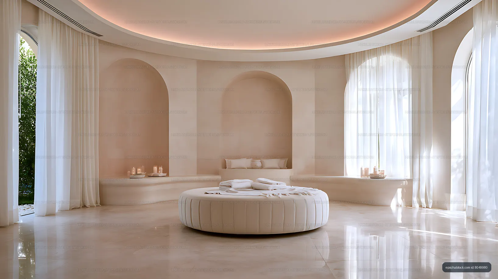 Sunlit wellness room with circular massage bed