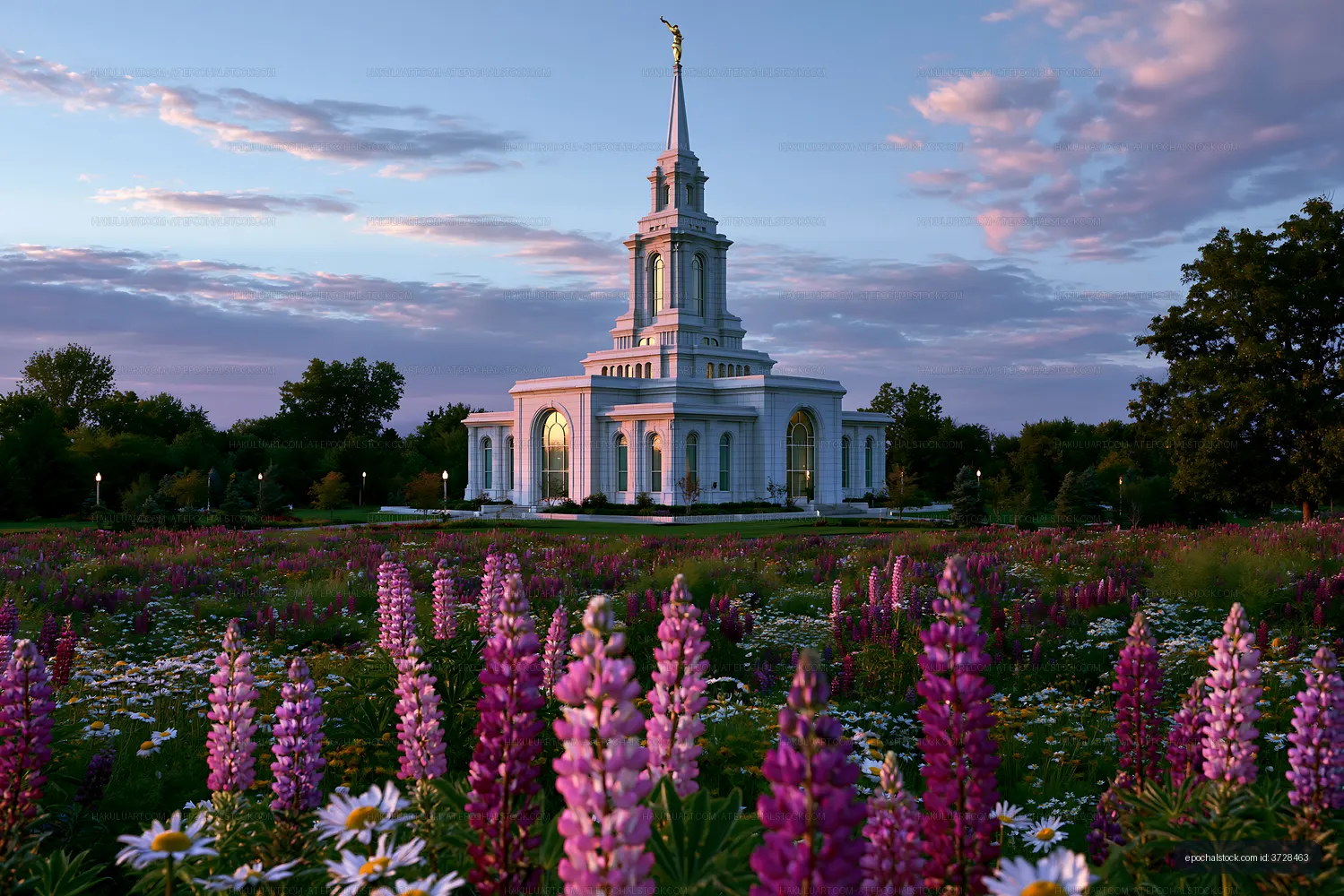 White temple and tall spire in a colorful evening garden