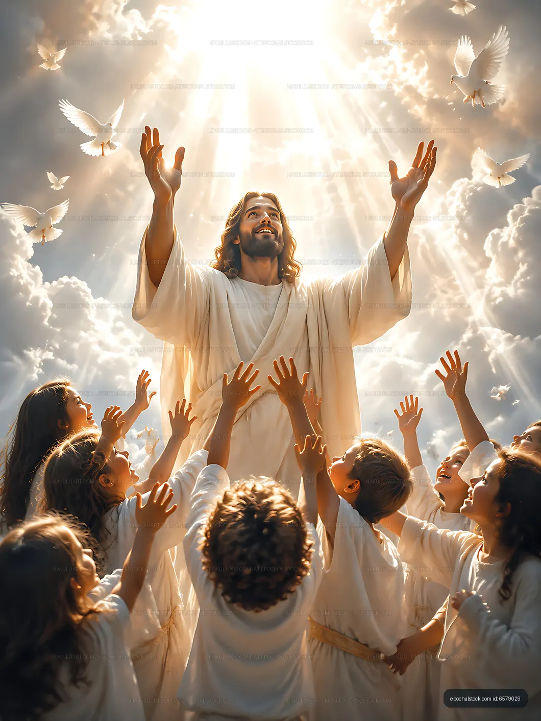 Jesus with children in a bright sky surrounded by doves
