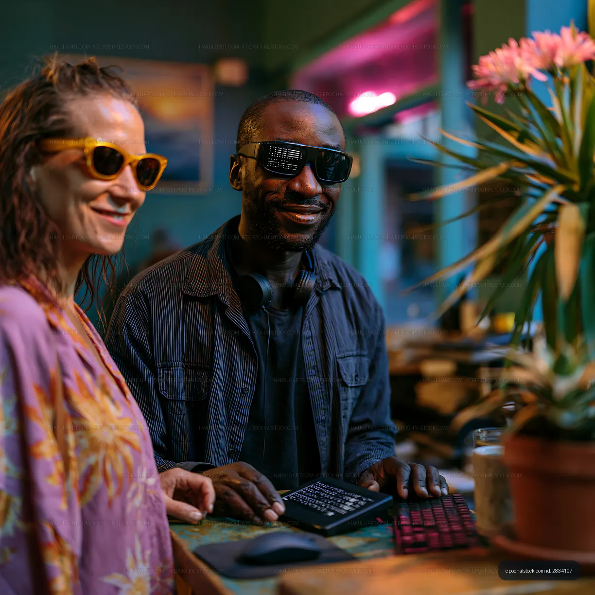Two people working together in a colorful cafe