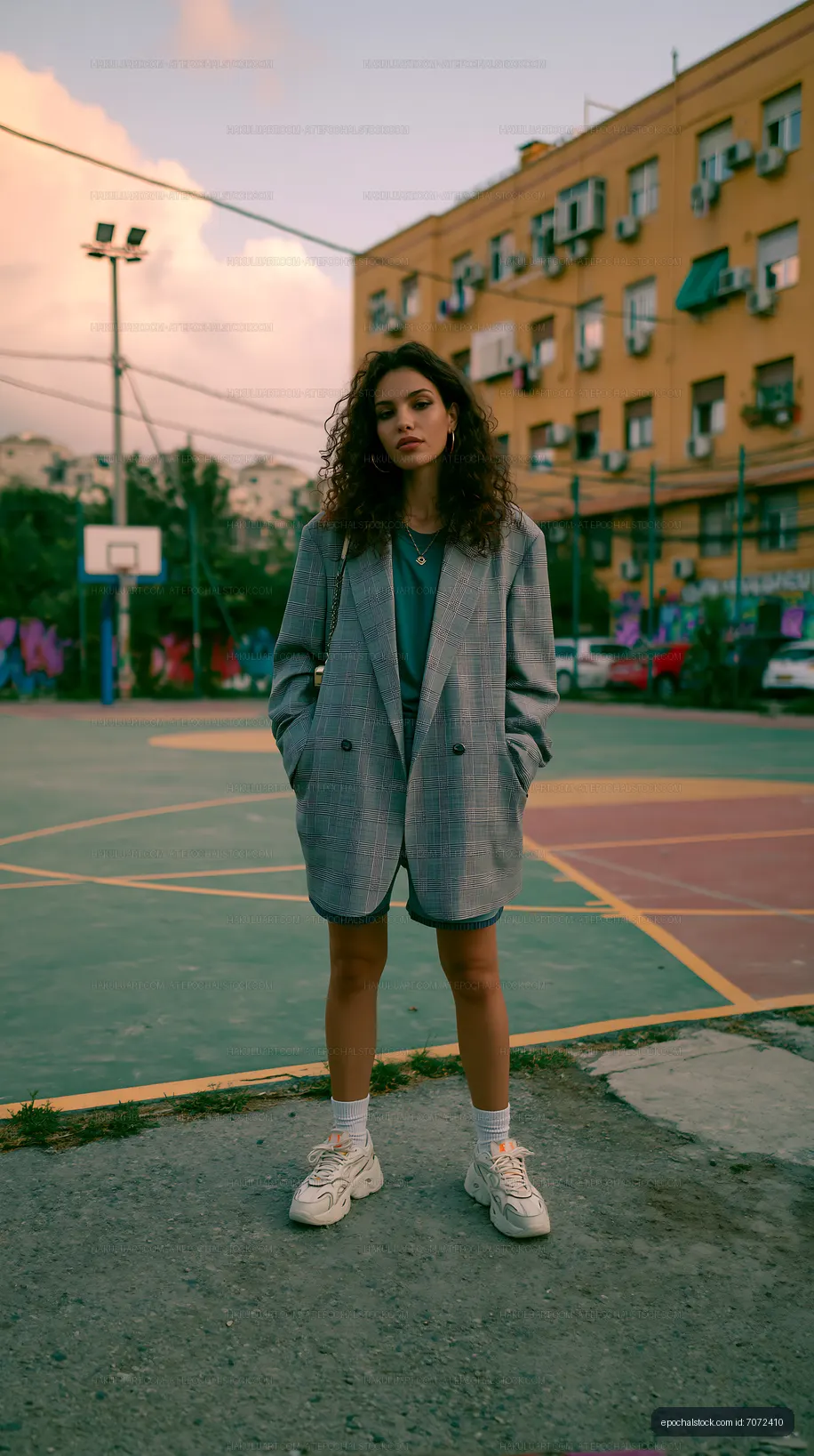 Woman in plaid jacket on outdoor basketball court