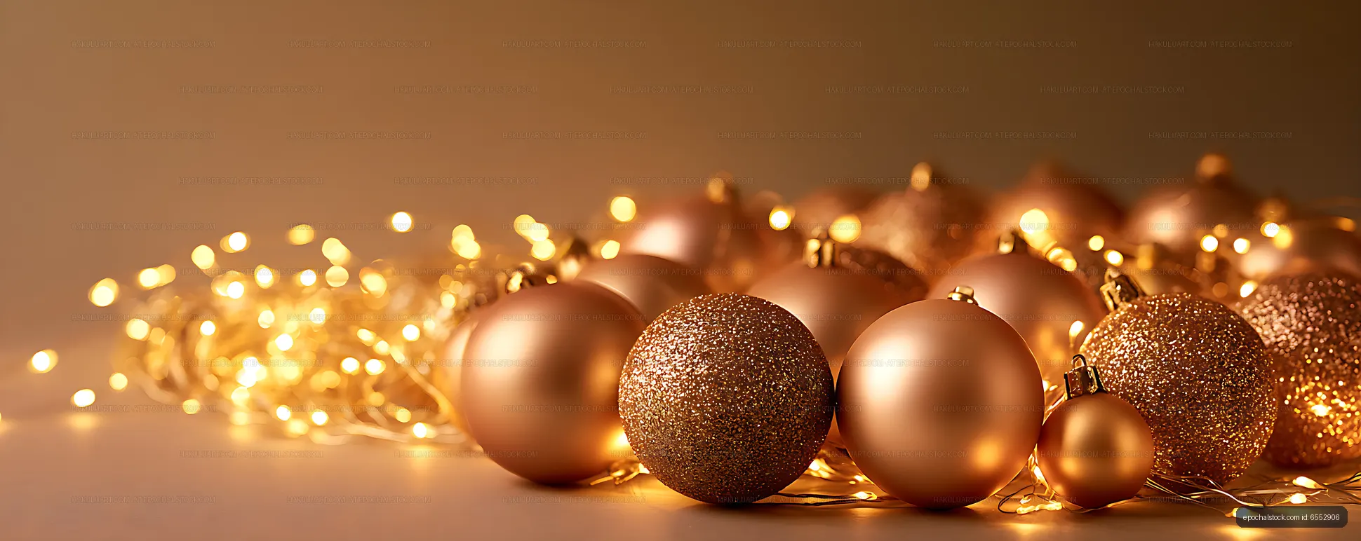 Festive copper ornaments illuminated by warm string lights