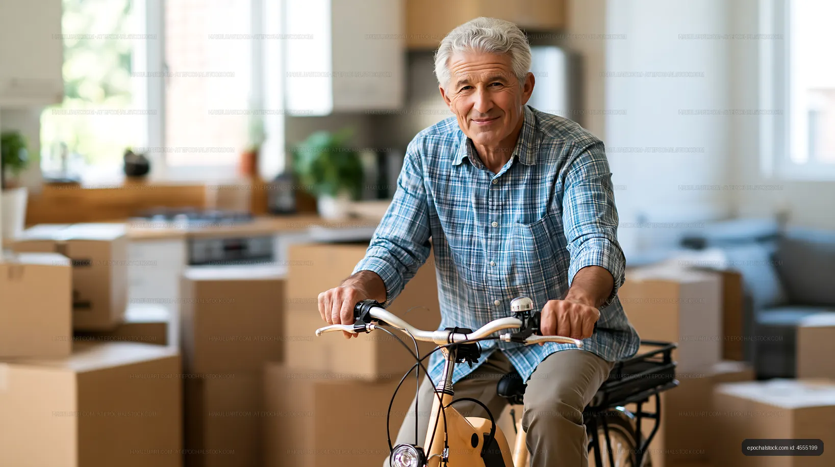Older adult riding a bicycle in a box-filled home
