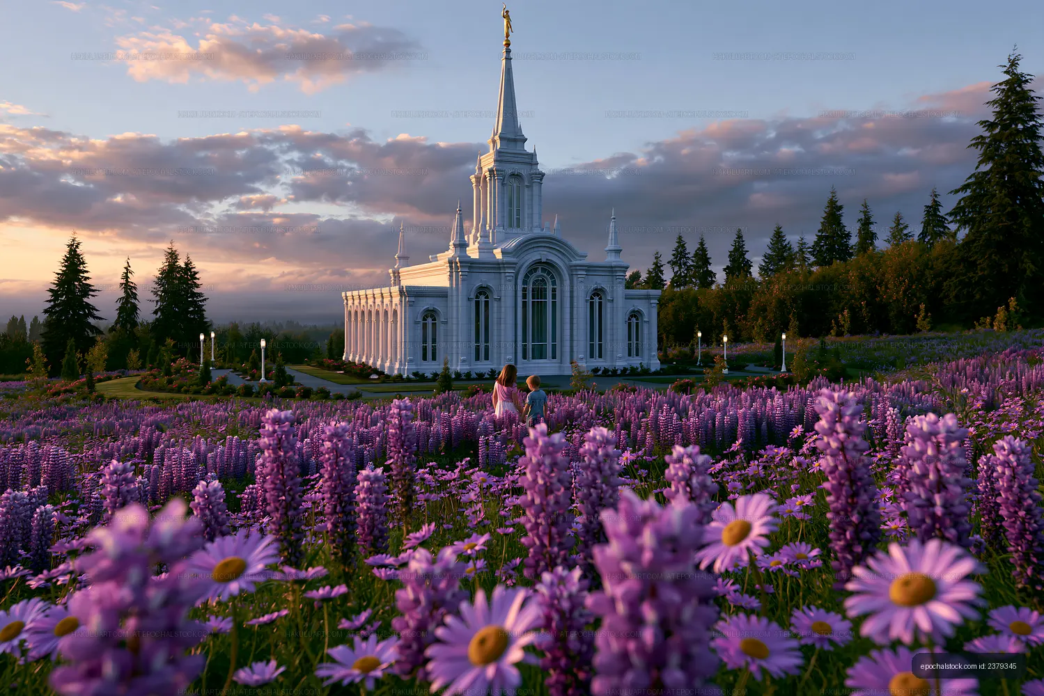 Spired temple and purple flowers under a colorful sunset sky