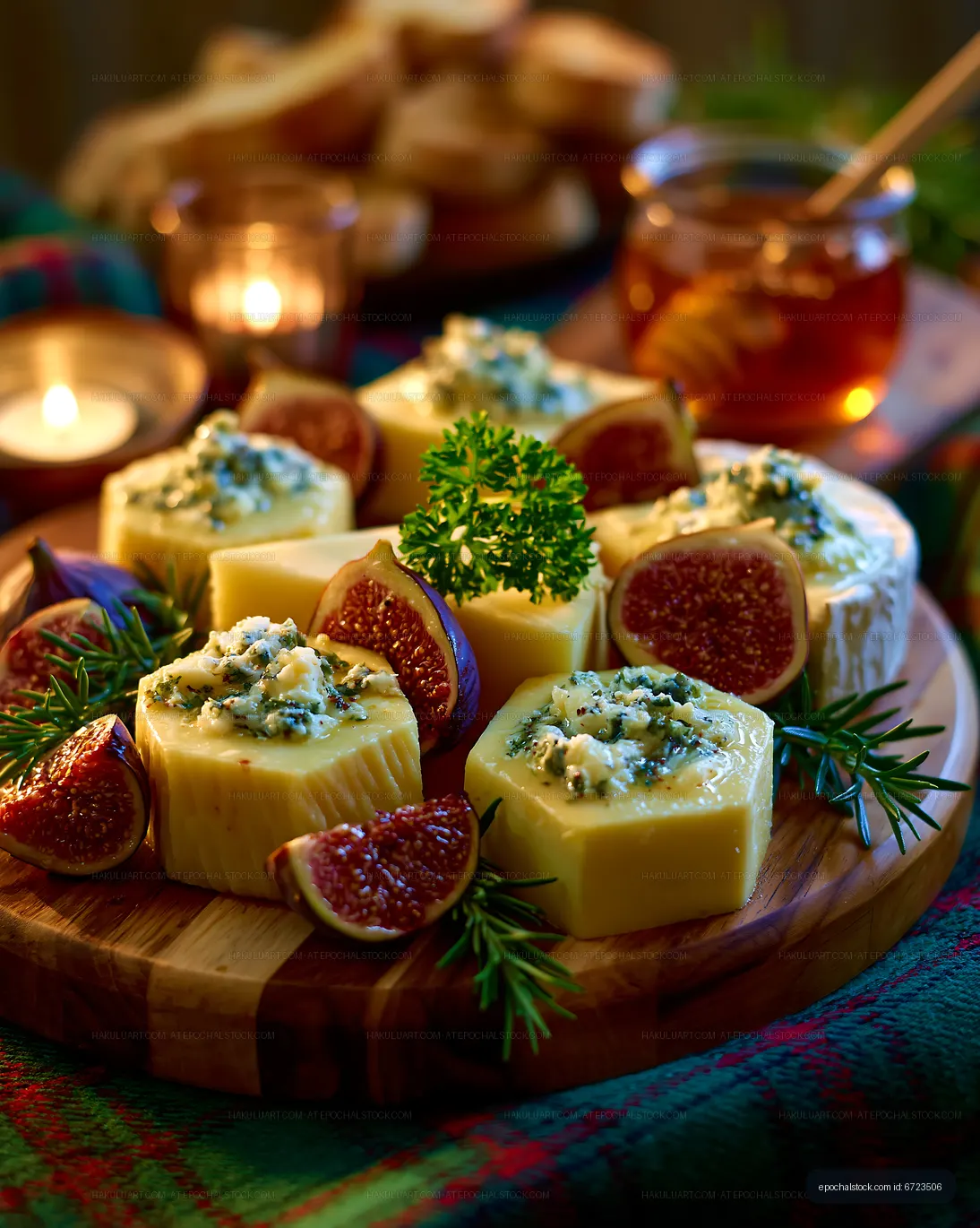 Artisan cheese and fig platter in candlelit setting