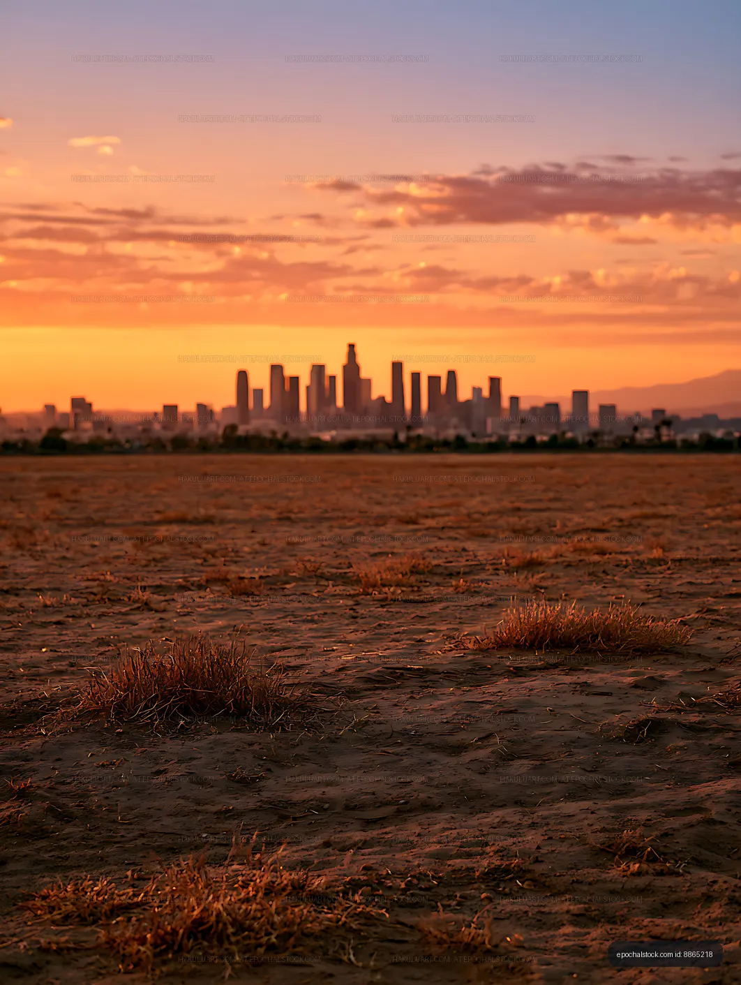 Silhouetted skyline across a dry landscape at sunset