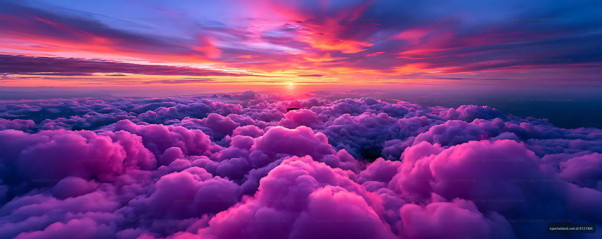 Pink and purple clouds beneath a vivid sunset