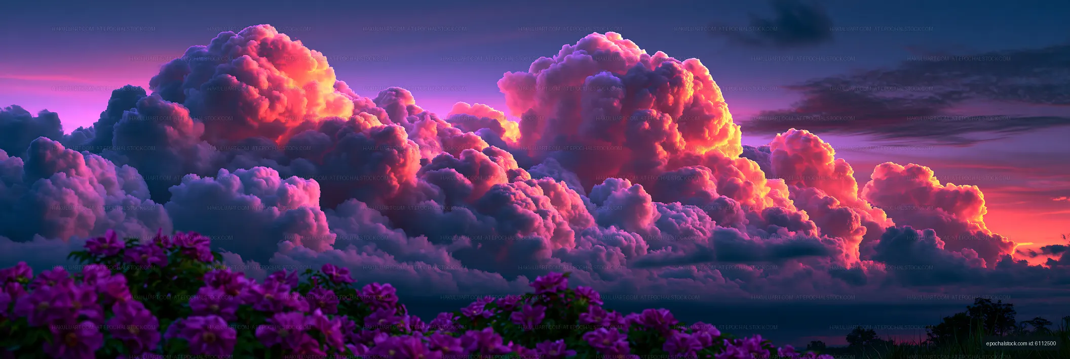 Vivid sunset cloudscape with purple floral foreground