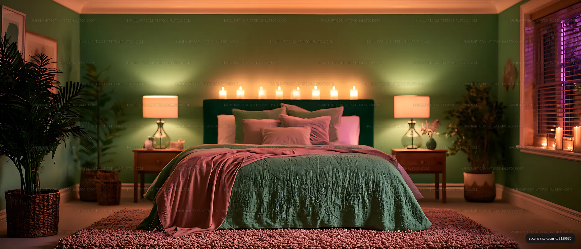 Moody bedroom interior with glowing candles and soft bedding