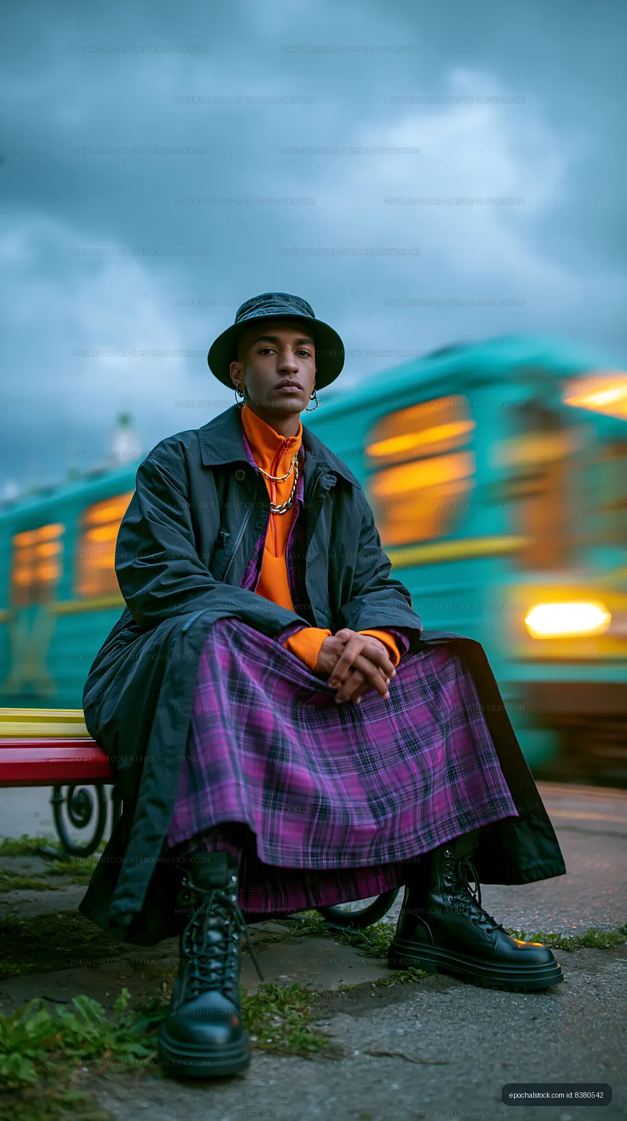 Seated man in bold streetwear beside a passing tram