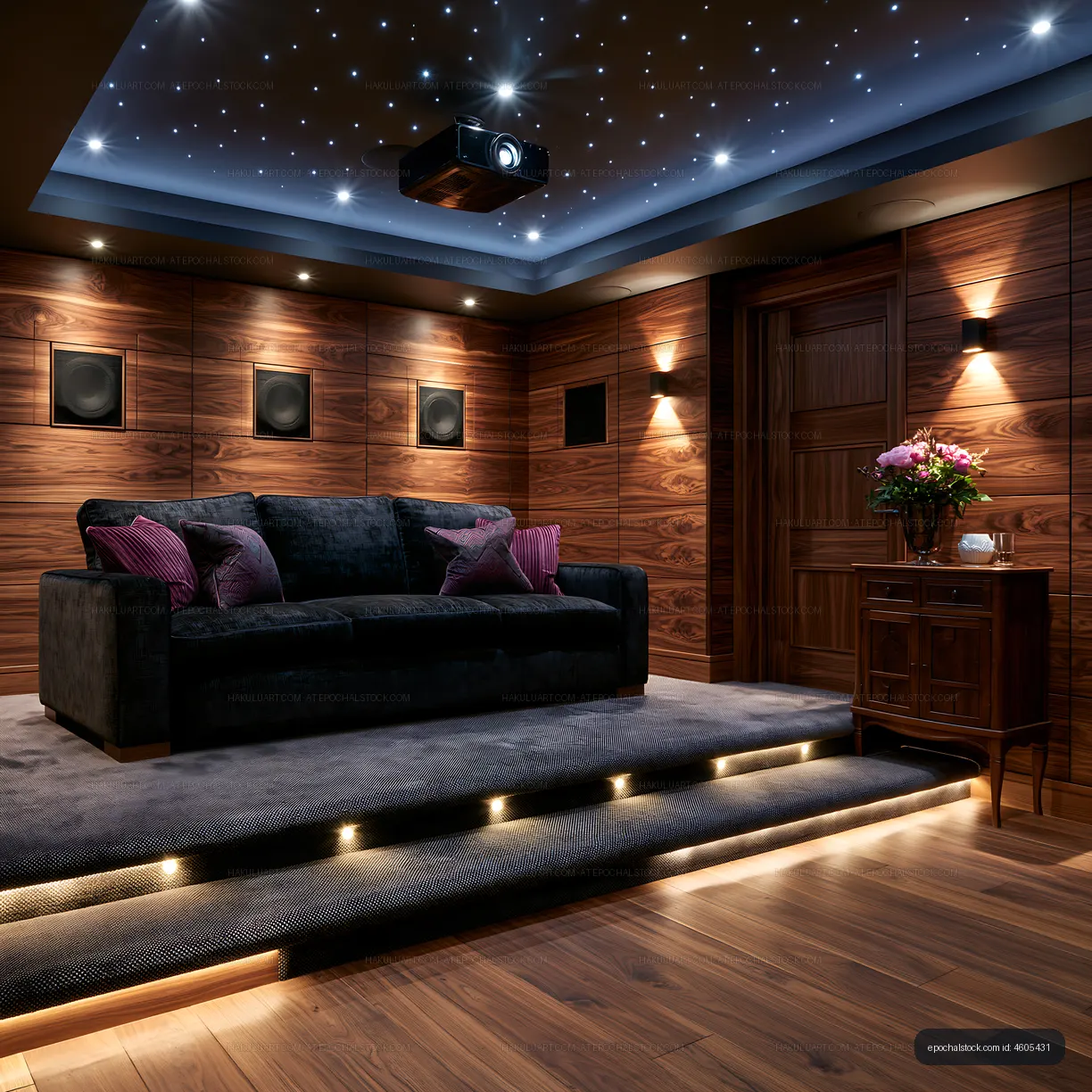 Warmly lit private theater room with projector and sofa