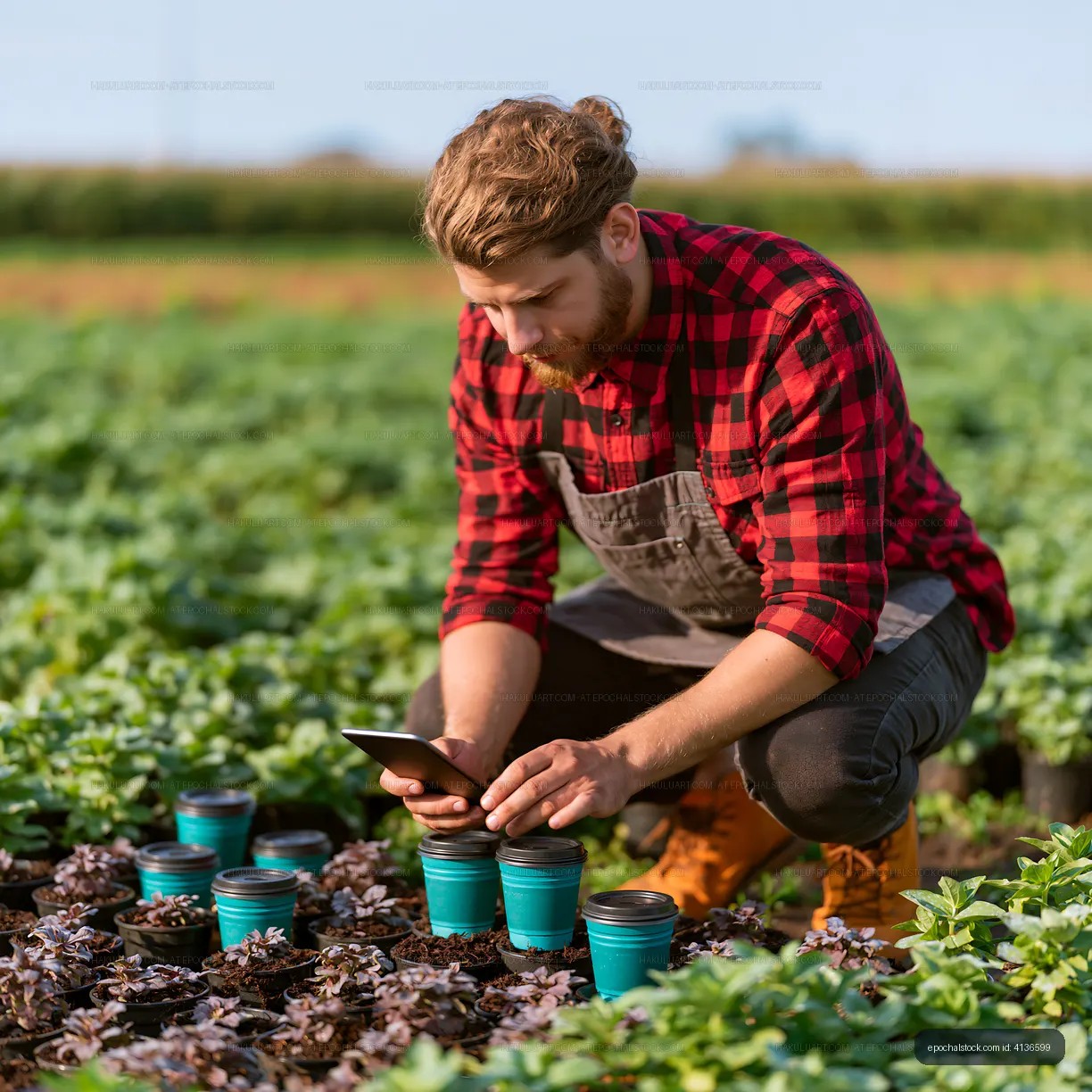 Gardener with tablet surrounded by nursery plants