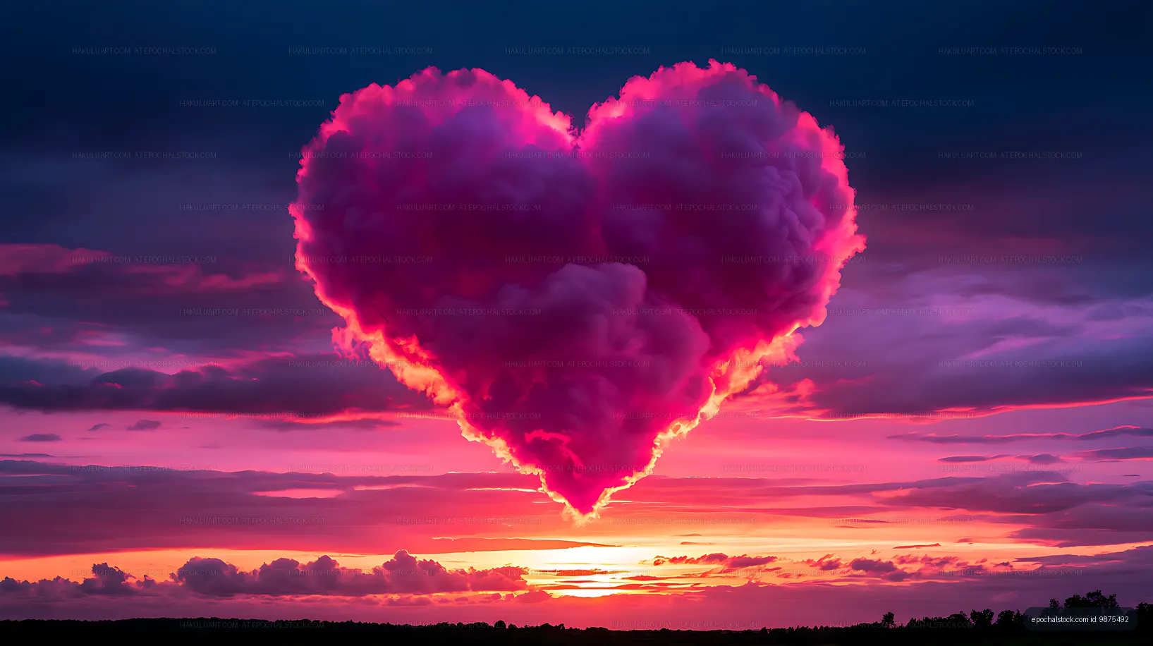 Magenta heart-shaped cloud at sunset