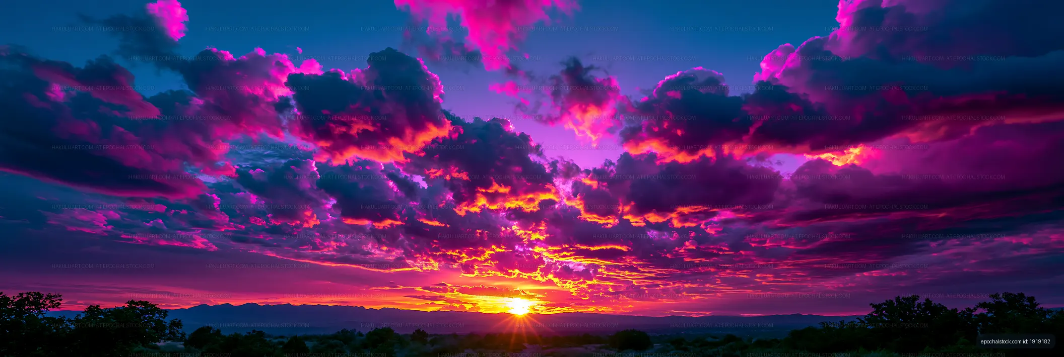 Panoramic sunset landscape with vivid purple and orange clouds