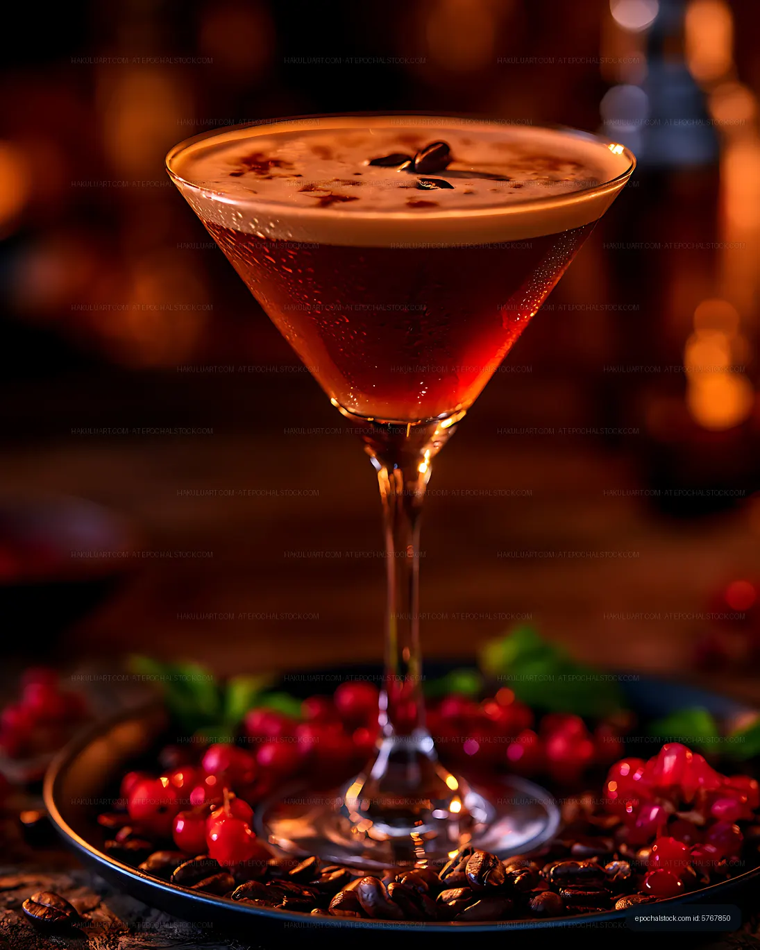 Dark cocktail served in a martini glass with berry garnish