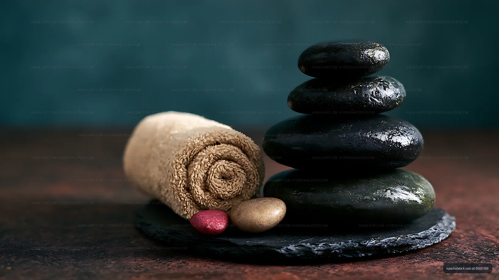 Stacked stones with towel and colorful pebbles