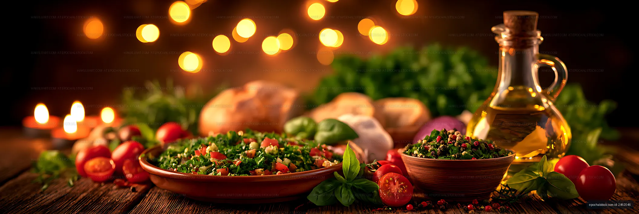 Warmly lit Mediterranean food still life on wooden table
