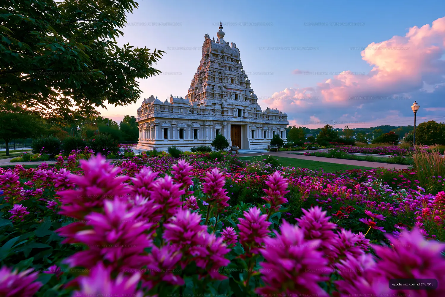 Ornate white temple framed by flowers at dusk
