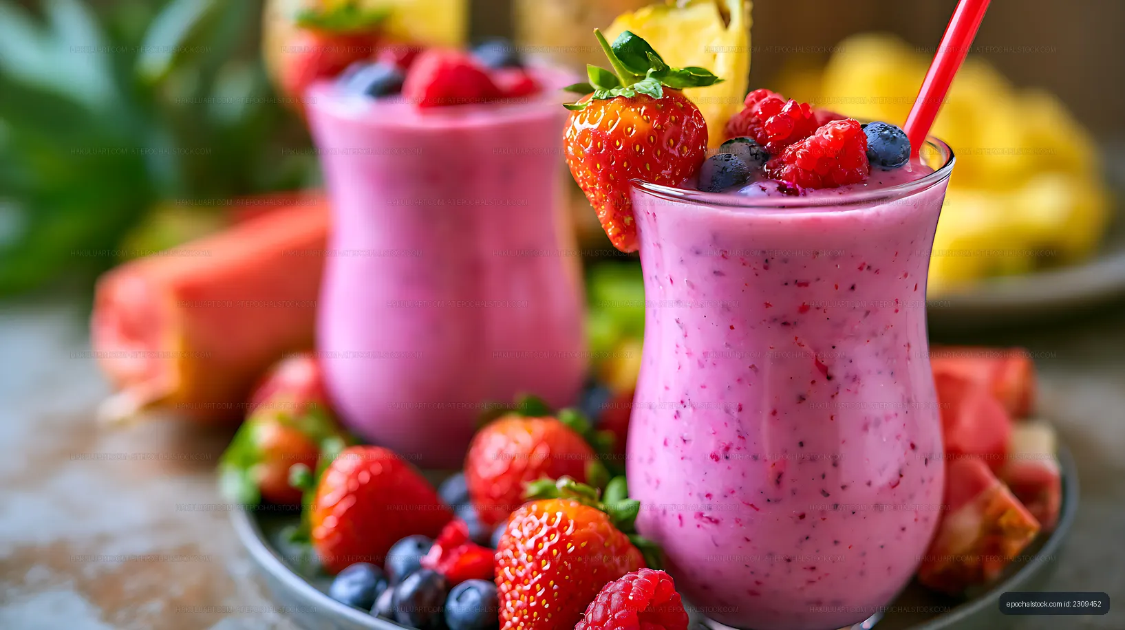 Fresh berry smoothie with colorful fruit garnish