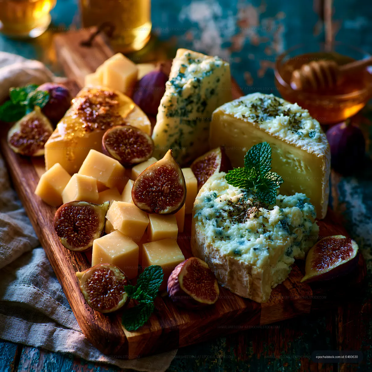 Gourmet cheese board styled with figs and honey