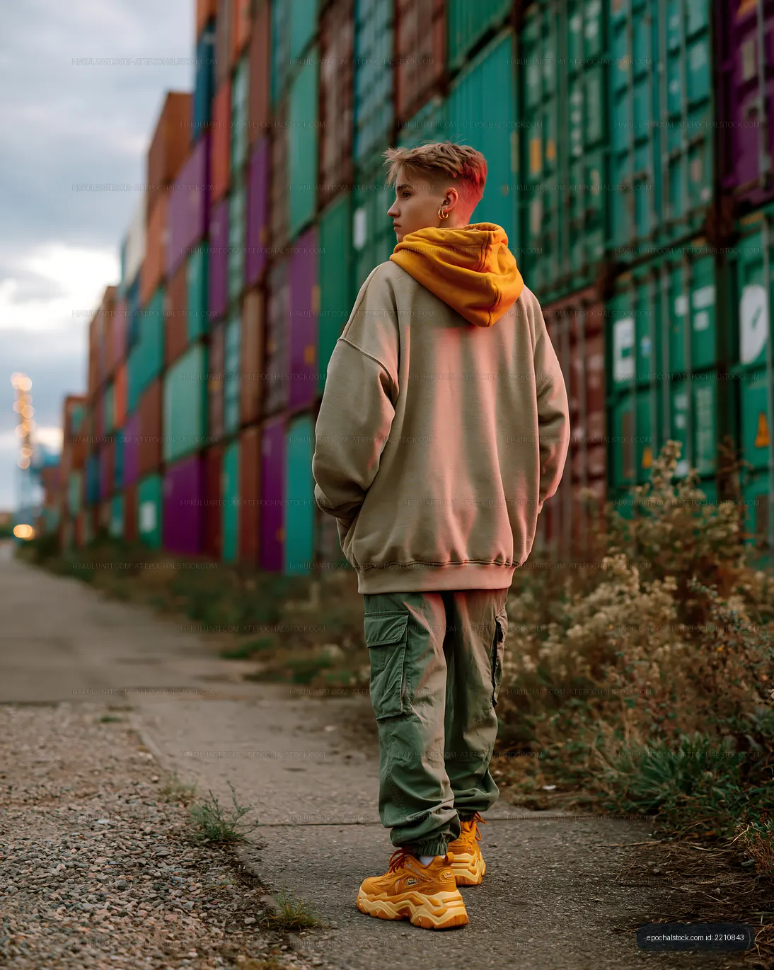 Young person by colorful shipping containers