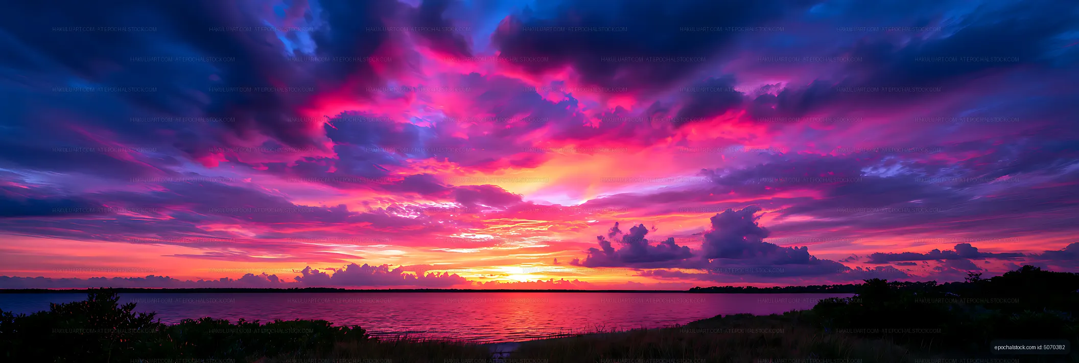 Dramatic purple and pink sunset above a quiet lagoon